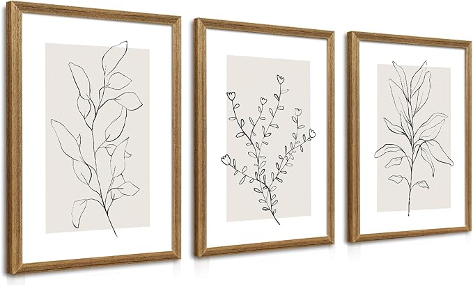 WRFON Neutral Botanical Canvas Wall Art, Minimalist Black Line Flower Poster Prints, Boho Beige Floral Wall Decor, Abstract Plant Leaf Aesthetic Picture for Bedroom Living Room Wood Framed 16"x24"x3