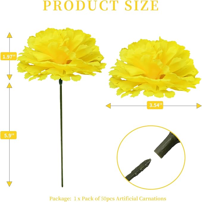 Silk Carnation Flower, 50 Artificial Flowers, Used for Wedding Decoration DIY Handmade Flowers, Carnation Flower Diameter 3.5 Inches and 6 Inches Stem (Yellow)