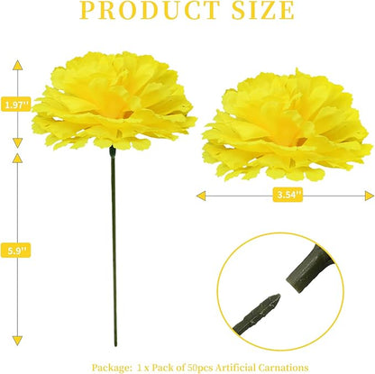 Silk Carnation Flower, 50 Artificial Flowers, Used for Wedding Decoration DIY Handmade Flowers, Carnation Flower Diameter 3.5 Inches and 6 Inches Stem (Yellow)