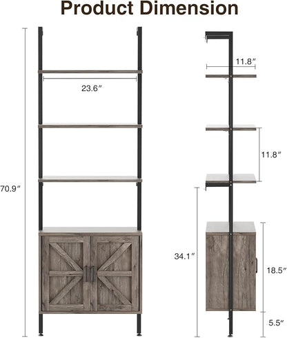 Ladder Bookshelf with Cabinet, 6 Tier Industrial Wall Mount Ladder Bookcase with Farmhouse Cabinet, Tall Narrow Open Ladder Shelf with Metal Frame for Living Room, Bathroom, Home Office, Rustic Grey