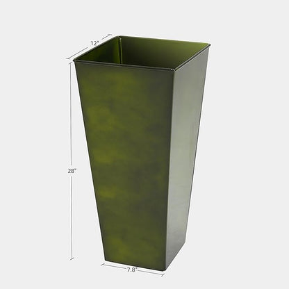 KOL 28''H. Tall Metal Planter with Saucer, Galvanized Steel Glazed Planter Pots with Drainage Hole for Indoor & Outdoor Use, Set of 2, Decorative Flower Plant Pots for Front Porch, Patio, Deck - Green