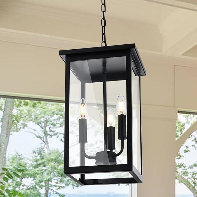3 Lights Indoor Pendant Light Black Outdoor Chandelier Exterior Hanging Fixture Ceiling Mount with Clear Glass Shade Hanging Lantern Light Adjustable Pendant Light for Outdoor Hallway