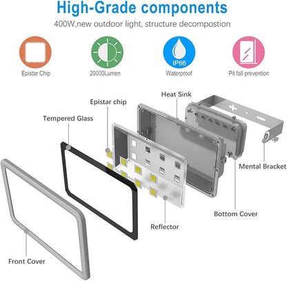 400W LED Flood Light Outdoor,2400W Equivalent 40000LM 6000K Daylight White Super Bright FloodLight with Plug,85-285V IP66 Waterproof Commercial Lighting for Fields,Counts,Arena,Stadium