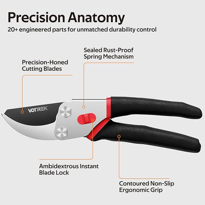 8.5” Pruning Shears, Professional Garden Pruner with Jam-Proof Spring & Ever-Sharp SK5 Blade, Ergonomic Bypass Clippers for Rose, Tree Trimming, Heavy Duty Bonsai Scissor for Weak Hand