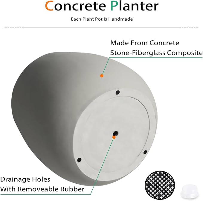 Oval Concrete Planters for Outdoor Plants, Large Tall Cement Flower Pots Indoor for Garden, Front Porch, Patio (Gray)