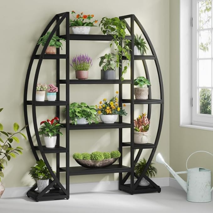 Tribesigns Curved Plant Stand Indoor, 8 Tiered Large Metal Plant Shelf, 69" Tall Industrial Flower Pot Stand Display Rack for Indoor Living Room, Balcony, Patio (Black)