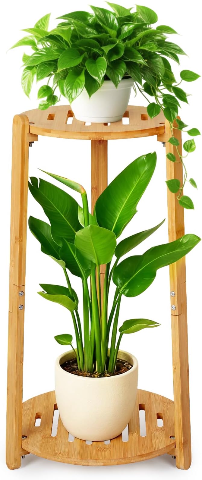 Bamboo Plant Stand Indoor,2 Tier Round Plant Shelf for Large Plants,Corner Flower Pot Stand,23.6'' Tall Plant Holder for Living Room Balcony Bedroom,Natural