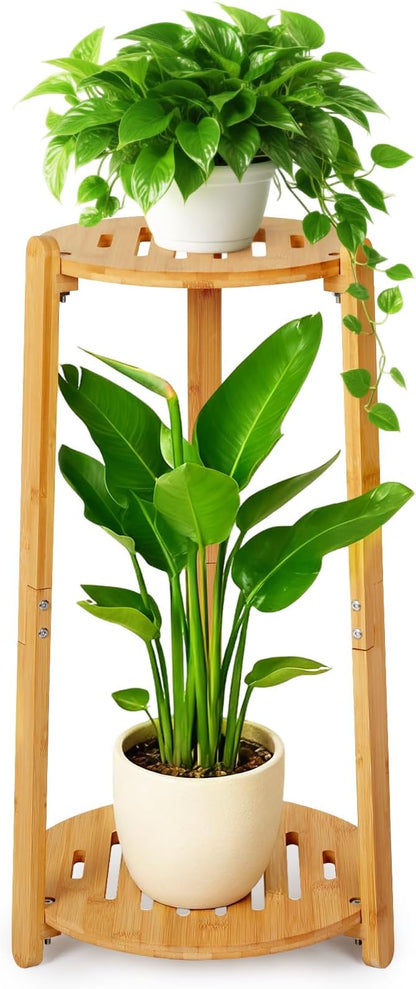 Bamboo Plant Stand Indoor,2 Tier Round Plant Shelf for Large Plants,Corner Flower Pot Stand,23.6'' Tall Plant Holder for Living Room Balcony Bedroom,Natural