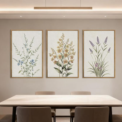 Anyzal Extral Large Neutral Floral Wall Art Beige Botanical Wall Decor Wildflower Painting 24x36 Inch Set of 3 for Living Room Bedroom Dining Room