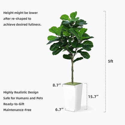 Fiddle Leaf Fig Tree Artificial 5FT - Faux Fiddle Leaf Fig Tree with Gray Tall Planter - Fake Ficus Lyrata Floor Plant Potted - Artificial Fig Tree for Home Office Living Room Decor Indoor