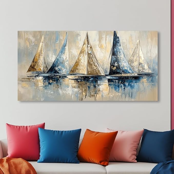 Blue Wall Art Sailboat Canvas Painting Ocean Sailboat Prints Sailing Ship Canvas Artwork Modern Coastal Blue Abstract Wall Art for Living Room Bedroom Office Boys Bedroom Wall Décor Ready to Hang (20x40 Inches)