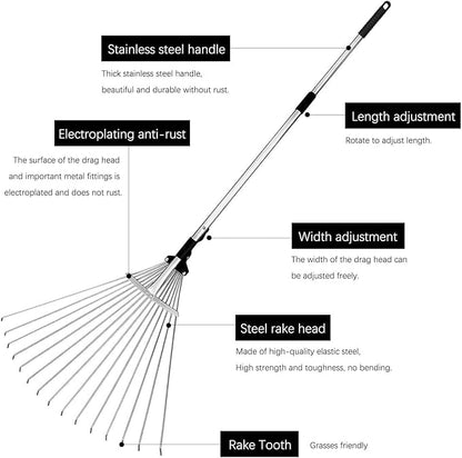 Buyplus Adjustable Garden Leaf Rake - 24 to 63 Inch Telescopic Metal Expandable Folding Leaves Rake, Metal Rake for Leaves, Yard Rakes for Lawn Yard, Flowers Beds, Black