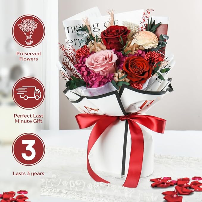 Forever Flowers Bouquet, Preserved Long Lasting Pink-Red Roses Flower Bouquet for Valentine’s Day, Christmas, Anniversary, Birthday Gifts for Her