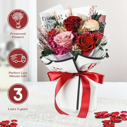 Forever Flowers Bouquet, Preserved Long Lasting Pink-Red Roses Flower Bouquet for Valentine’s Day, Christmas, Anniversary, Birthday Gifts for Her