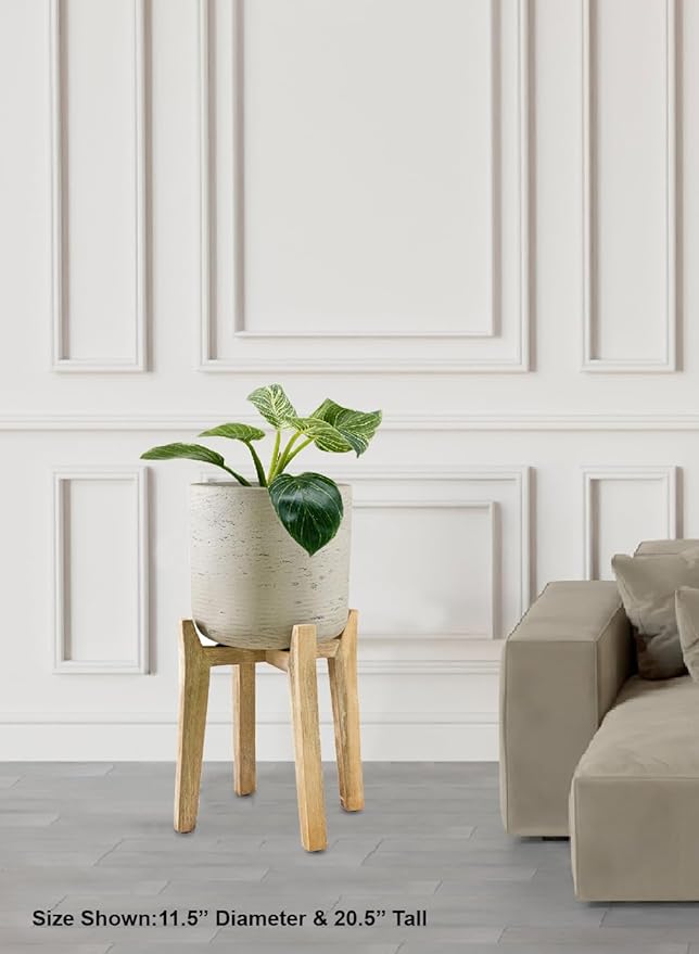 Serene Spaces Living Minimalist Cement Planter with Wooden Legs – Sleek Planter for Succulents, Cacti, Indoor Greenery, Versatile, Durable Plant Pot for Home or Office, 11.5" Diameter & 20.5" Tall