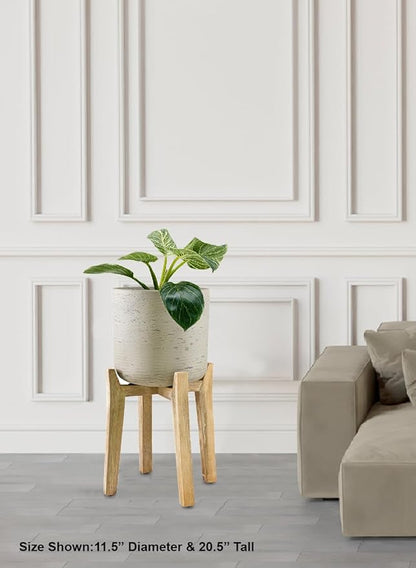 Serene Spaces Living Minimalist Cement Planter with Wooden Legs – Sleek Planter for Succulents, Cacti, Indoor Greenery, Versatile, Durable Plant Pot for Home or Office, 11.5" Diameter & 20.5" Tall