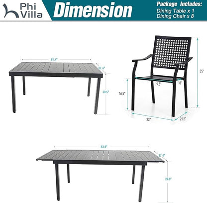 PHI VILLA 9 Pieces Outdoor Dining Set for 8, Large Metal Expandable Dining Table & Stackable Wrought Iron Chairs with Cushions, Modern Furniture Set for Patio, Deck, Yard, Porch - Black