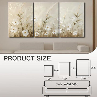 sawjug Wildflower Canvas Wall Art, Wildflower Wall Art, Neutral Pictures Wall Decor, Botanical Nature Artwork for Bedroom, Living Room (12" x 18" x 3 pcs)