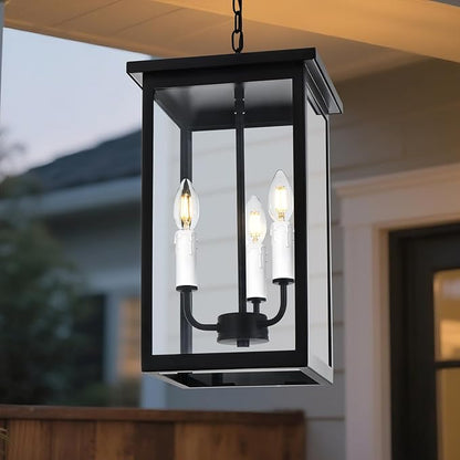 3 Lights Indoor Pendant Light White Outdoor Chandelier Exterior Hanging Fixture Ceiling Mount with Clear Glass Shade Hanging Lantern Light Adjustable Pendant Light for Outdoor Hallway