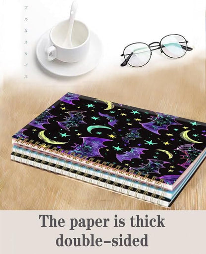 Spiral Journal Notebook,A5 Hardcover Lined Journals for Women Girl 6 x 8.3 in,120 Pages Thick Paper,Cute College Ruled Writing Notebook for Gifts Office Work School(Purple Bats Star)