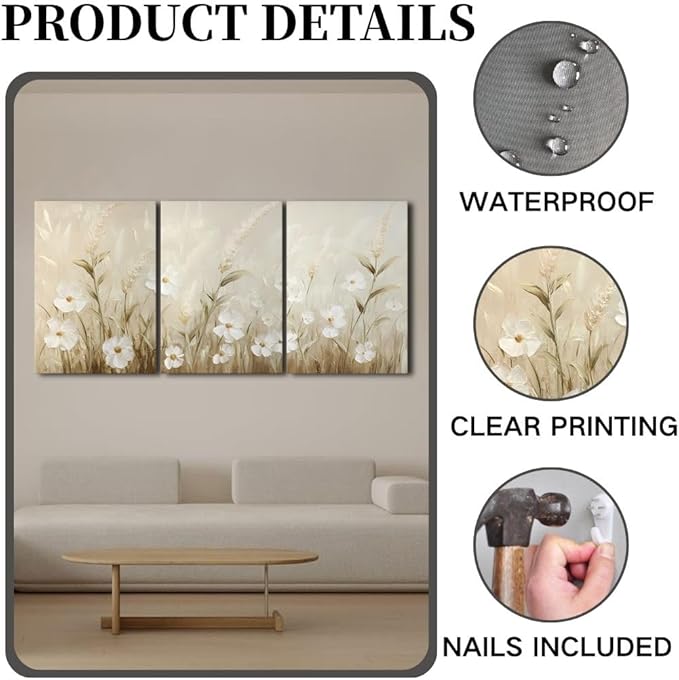 sawjug Wildflower Canvas Wall Art, Wildflower Wall Art, Neutral Pictures Wall Decor, Botanical Nature Artwork for Bedroom, Living Room (12" x 18" x 3 pcs)