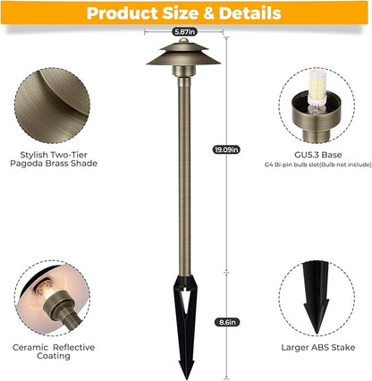 Gardencoin Solid Brass Low Voltage Landscape Pathway Lights (6'' Shade, 19'' Tall), 12V LED Heavy Duty Path Lighting Outdoor Wired, Waterproof Antique Bronze Walkway Light Without G4 Bulb,12 Pack