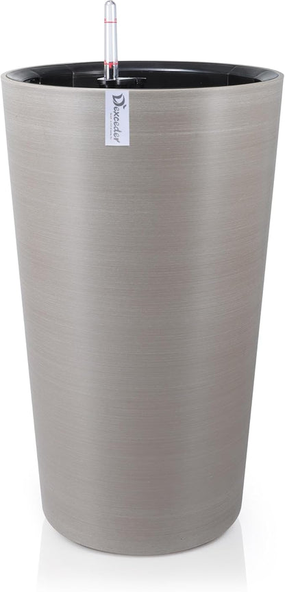 Dexceder 22x13 Tall Self Watering Planter High Cylinder Indoor Outdoor, Thickened Large Floor Standing Flower Plant Pot with Water Level Indicator (Coffee, Wire Drawing)