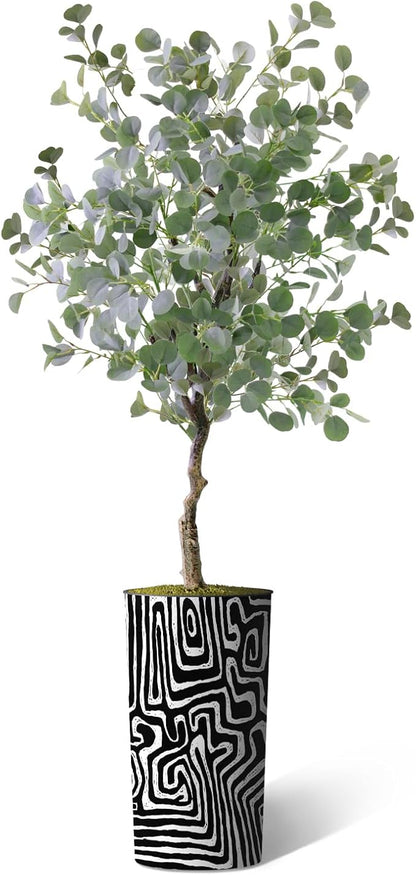 Artificial Tree in Modern Geometric Pattern Planter, Fake Eucalyptus Silk Tree for Indoor and Outdoor Home Decoration - 66" Overall Tall (Plant Pot Plus Tree)