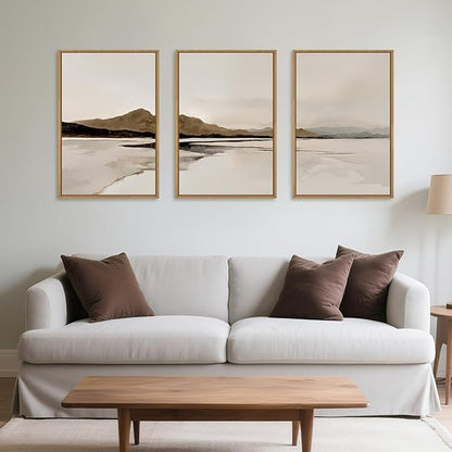 Ausril Beige and Brown Foggy Framed Canvas Wall Art Set, Modern Misty Landscape Wall Decor, Abstract Mountain Lake Wall Painting, Minimalist Nature Art Prints for Living Room, Bedroom - 16"X24"X3