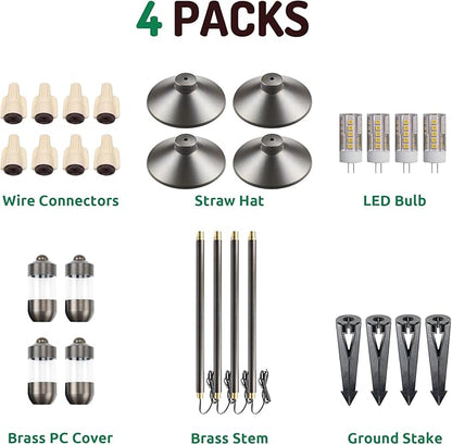 DOSHINE® Solid Brass Low Voltage Landscape Lighting Pathway Lights (7" Shade, 22" Tall) with Replaceable 3W G4 LED Bulb 3000K AC/DC 12V and Ground Stake for Outdoor Walkway Driveway (HAT, 4-Pack)