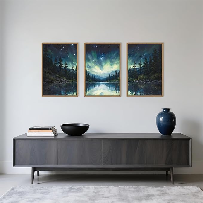 HOURIA Luminous Northern Lights Forest Lake Framed Canvas Wall Art Set,Starry Nordic Aurora Borealis Mountain Scenery Decor,Wilderness Pine Tree Reflection Artwork for Living Room,Farmhouse-16 x24 x3