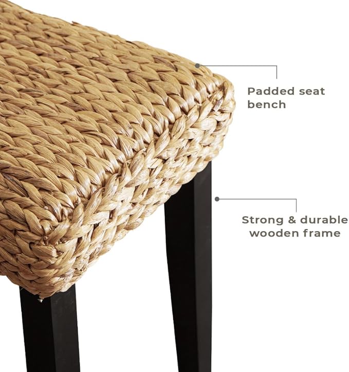 Solid Wood Acacia Indoor Bench with Natural Woven Seat, Wicker Bench Bed Boho, Wood Bench for Bedroom End of Bed or Benches Entryway for Living Room (Black Leg, Water Hyacinth)