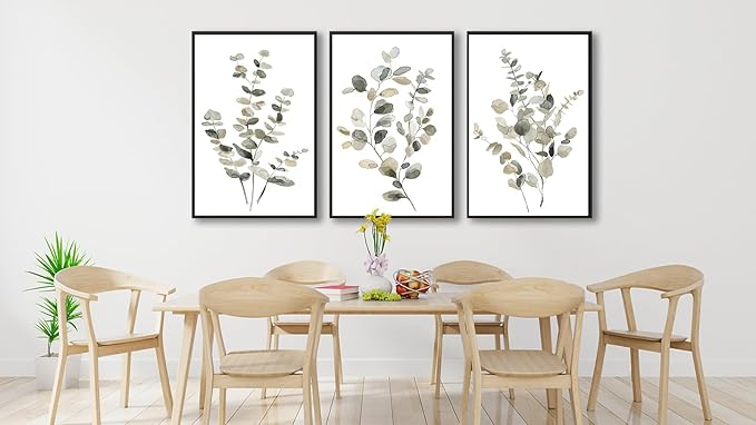 Large Framed Botanical Wall Art - Eucalyptus Leaf Wall Decor 20"x28" Set of 3 Taupe Simple Life Painting Prints Minimalist Farmhouse Plant Canvas Pictures for Living Room Bedroom Office Artwork