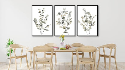 Large Framed Botanical Wall Art - Eucalyptus Leaf Wall Decor 20"x28" Set of 3 Taupe Simple Life Painting Prints Minimalist Farmhouse Plant Canvas Pictures for Living Room Bedroom Office Artwork