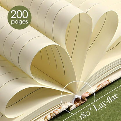 Flower Notebook, Hardcover, Lay Flat, A5, 6x8, Wide Ruled Pages, Writing Journal for Women, Pretty Notebook, Recipe Journal, Garden Journal, Gratitude Journal, Plum Blossom, Green