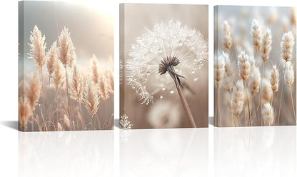 AoArtWZ Dandelion Canvas Wall Art Beige Pampas Plant Flower in Sunshine Picture Prints Artwork for Home Living Room Decor Framed 12" x 16" x 3pcs