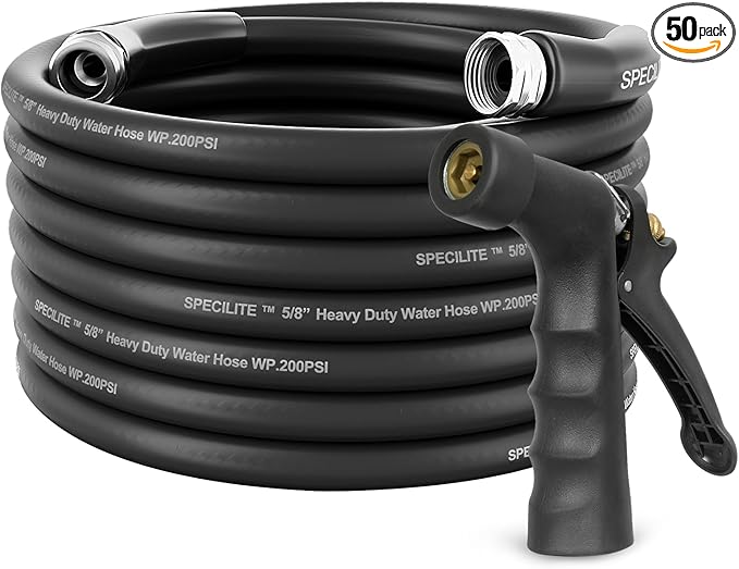 SPECILITE 5/8" Hot/Cold Garden Hose 50 ft with Industrial High Pressure Nozzle, Flexible & Lightweight, 600psi Burst Rubber Water hose -50℉-158℉ With 3/4"Stainless Steel Fittings for Yard, Black