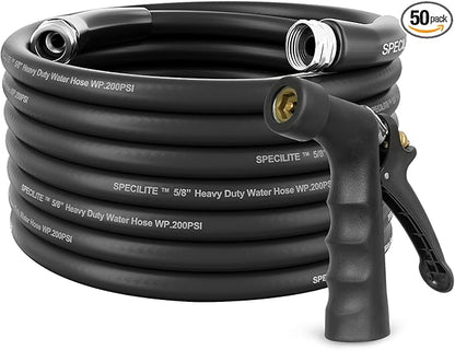 SPECILITE 5/8" Hot/Cold Garden Hose 50 ft with Industrial High Pressure Nozzle, Flexible & Lightweight, 600psi Burst Rubber Water hose -50℉-158℉ With 3/4"Stainless Steel Fittings for Yard, Black