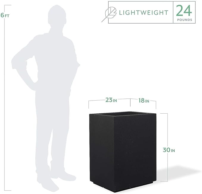 PolyStone Cozumel Tall Modern Outdoor/Indoor Column Planter, 18" L x 23" W x 30" H, Lightweight, Heavy Duty, Weather Resistant, Polymer Finish, Commercial Grade and Residentia (Black)