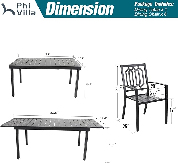 PHI VILLA 7 Piece Patio Dining Table Set, Expandable Rectangular Metal Dining Table & 6 Steel Patio Chairs for Outdoor, Deck, Yard