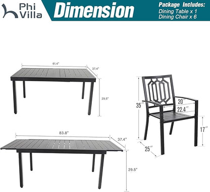 PHI VILLA 7 Piece Patio Dining Table Set, Expandable Rectangular Metal Dining Table & 6 Steel Patio Chairs for Outdoor, Deck, Yard