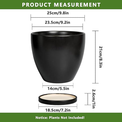 Ceramic Planter - 10 Inch Plant Pot with Drainage Hole and Tray, Round Flower Pots, Planters for Indoor Plants, Modern Room Garden Patio Bathroom Living Room Porch Home Decor, Black