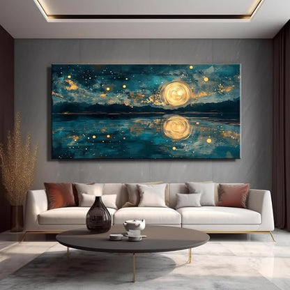 Moon Sea Ocean and Stars Canvas Wall Art -Moonrise at Sea Night Landscape Scene Printing, Blue & Gold Abstract Nature Artwork for Living Room, Bedroom & Coastal Home Décor, Ready to Hang 60L" x 30W"