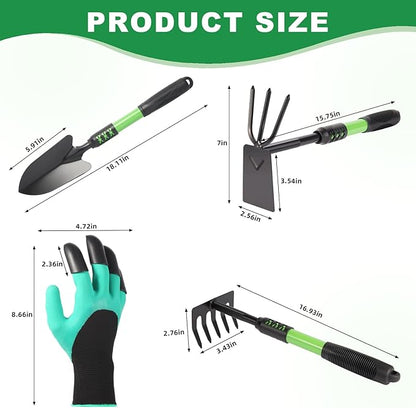 Garden Tool Set, 4 Pack Gardening Tools, Stainless Steel Heavy Duty Hand Cultivator, Hoes, Shovel, for Planting Weeding Digging, Gardening Gifts for Women, Green
