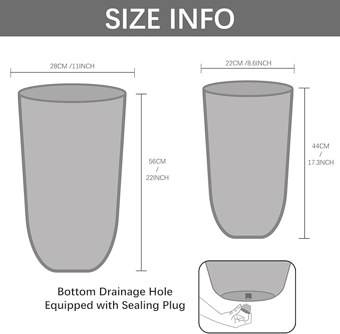Yundu 17 & 22 inch high Concrete Plant pots Set of 2. Flower pots with Drainage Hole. Tall planters for Indoor Plants, Large planters for Outdoor Plants, Such as Garden, Patio and Front Porch Decor.