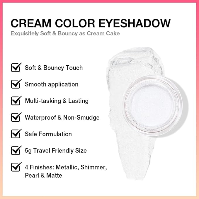 Cream Glitter Pearl White Shimmer Metallic Eyeshadow Palette Makeup, Natural Single Mini Instant Holographic Eyeshadow For Older Women, Sombras Crema Para Ojos,Talc,Paraben&Cruelty Free, P01