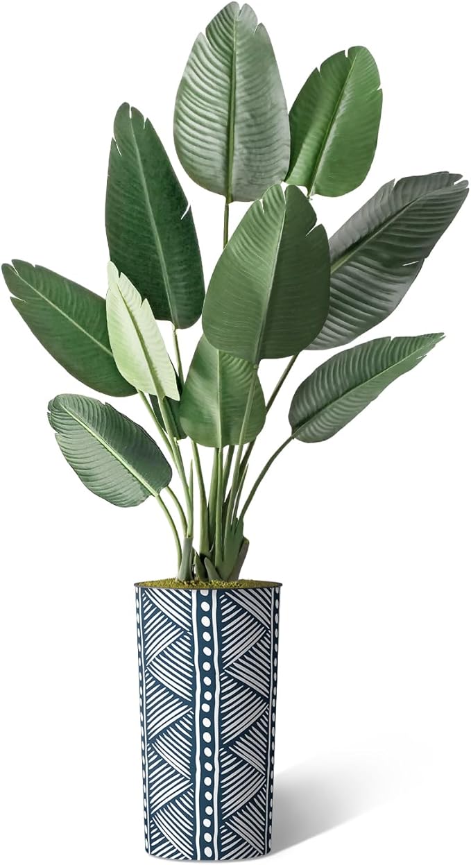 Artificial Tree in Dynamic Blue Vertical Stripe Planter, Fake Bird of Paradise Silk Tree for Indoor and Outdoor Home Decoration - 67" Overall Tall (Plant Pot Plus Tree)