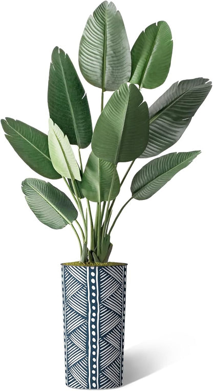 Artificial Tree in Dynamic Blue Vertical Stripe Planter, Fake Bird of Paradise Silk Tree for Indoor and Outdoor Home Decoration - 67" Overall Tall (Plant Pot Plus Tree)