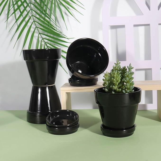 vensovo 4 Inch Black Ceramic Pots for Plant with Saucer - 6 Pack Small Ceramic Planter with Drainage Hole, Flowerpot with Tray, Great for Indoor Outdoor Plants, Crafts, Wedding Favor