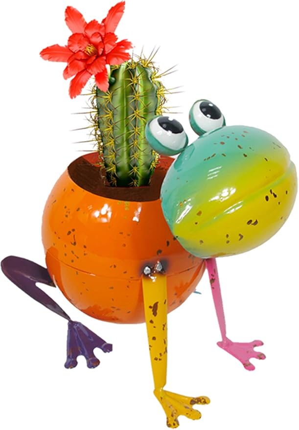 Continental Art Center Inc. 18148 Metal Frog Planter Flower Pot, Orange, Green